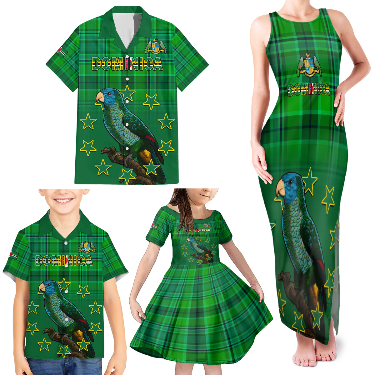 Personalised Dominica Independence Day Family Matching Tank Maxi Dress and Hawaiian Shirt Dominik Sisserou Parrot With Madras Pattern - Wonder Print Shop