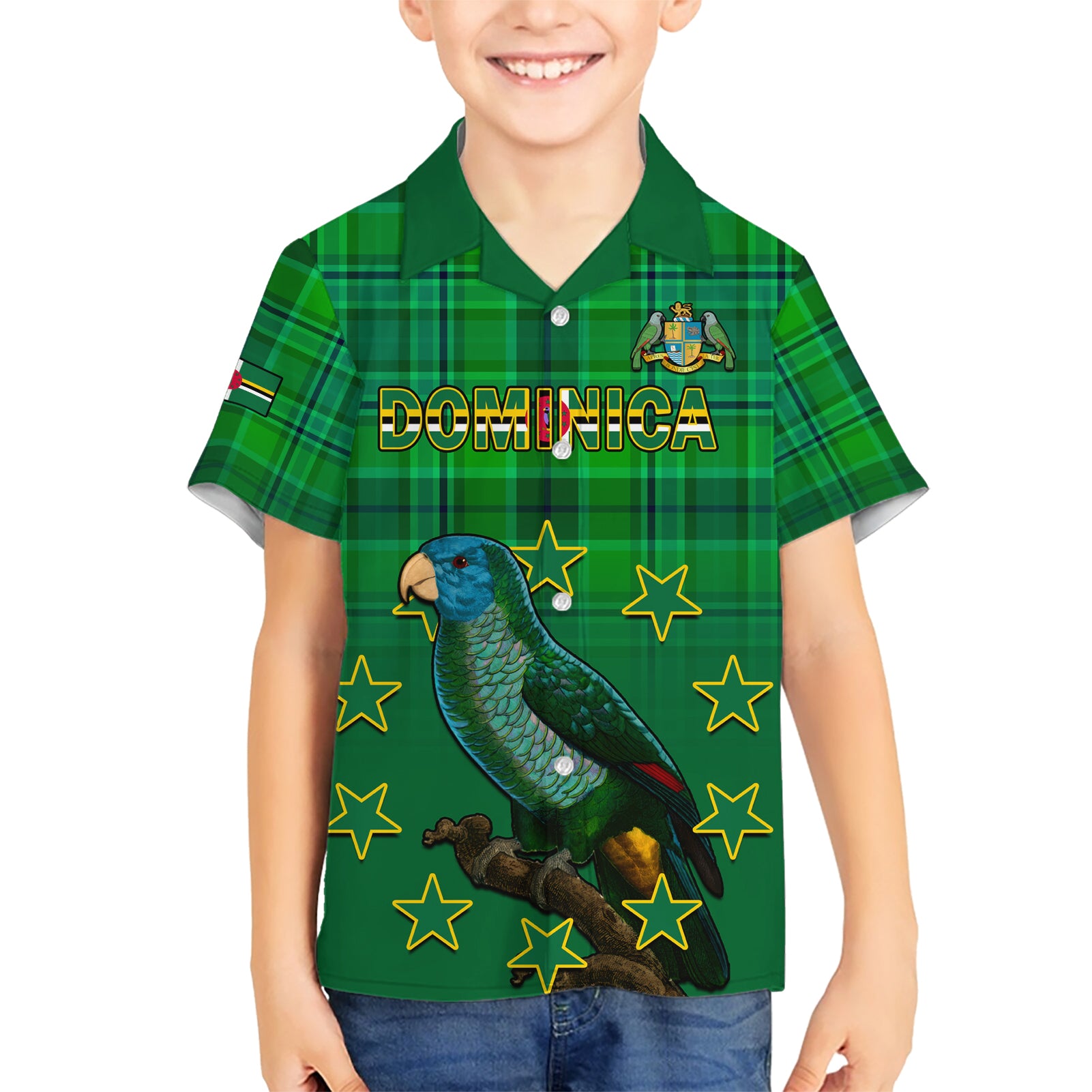 Personalised Dominica Independence Day Kid Hawaiian Shirt Dominik Sisserou Parrot With Madras Pattern - Wonder Print Shop