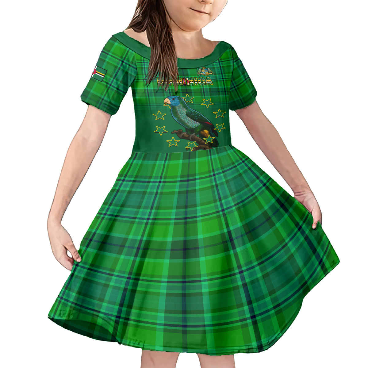 Personalised Dominica Independence Day Kid Short Sleeve Dress Dominik Sisserou Parrot With Madras Pattern - Wonder Print Shop