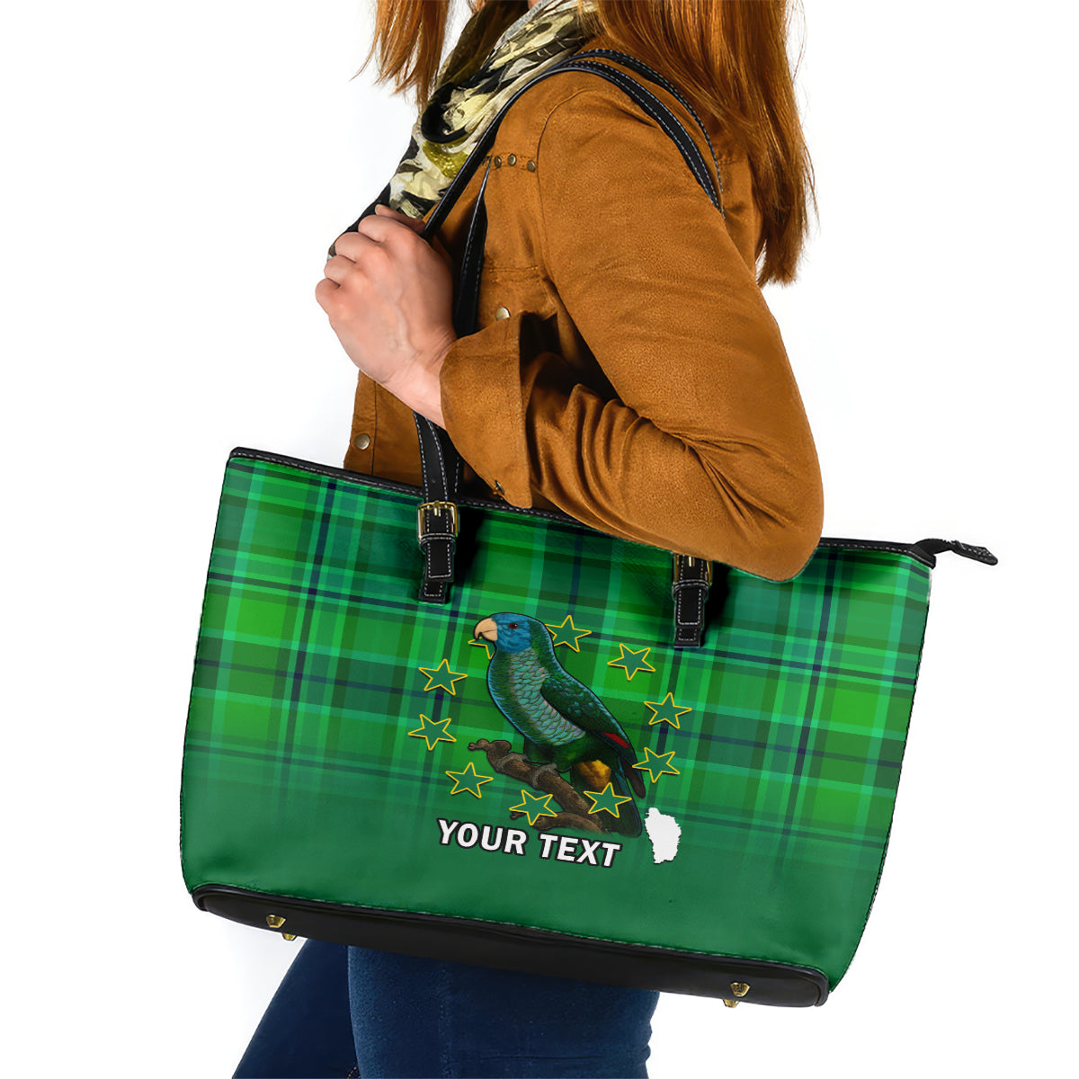 Personalised Dominica Independence Day Leather Tote Bag Dominik Sisserou Parrot With Madras Pattern - Wonder Print Shop