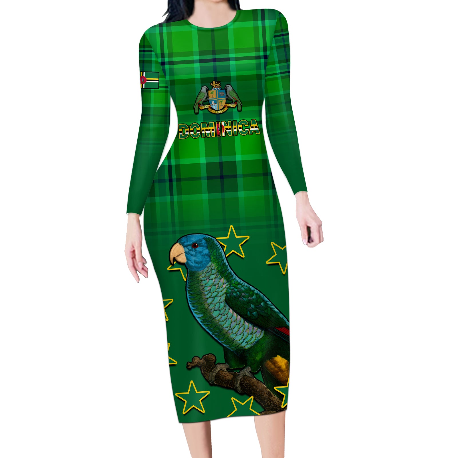 Personalised Dominica Independence Day Long Sleeve Bodycon Dress Dominik Sisserou Parrot With Madras Pattern - Wonder Print Shop