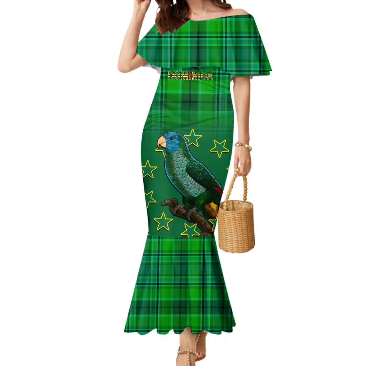 Personalised Dominica Independence Day Mermaid Dress Dominik Sisserou Parrot With Madras Pattern - Wonder Print Shop