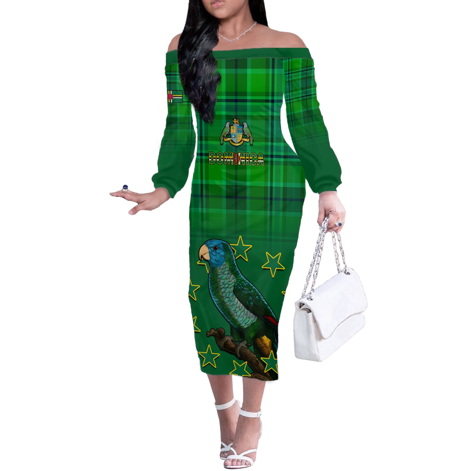 Personalised Dominica Independence Day Off The Shoulder Long Sleeve Dress Dominik Sisserou Parrot With Madras Pattern - Wonder Print Shop