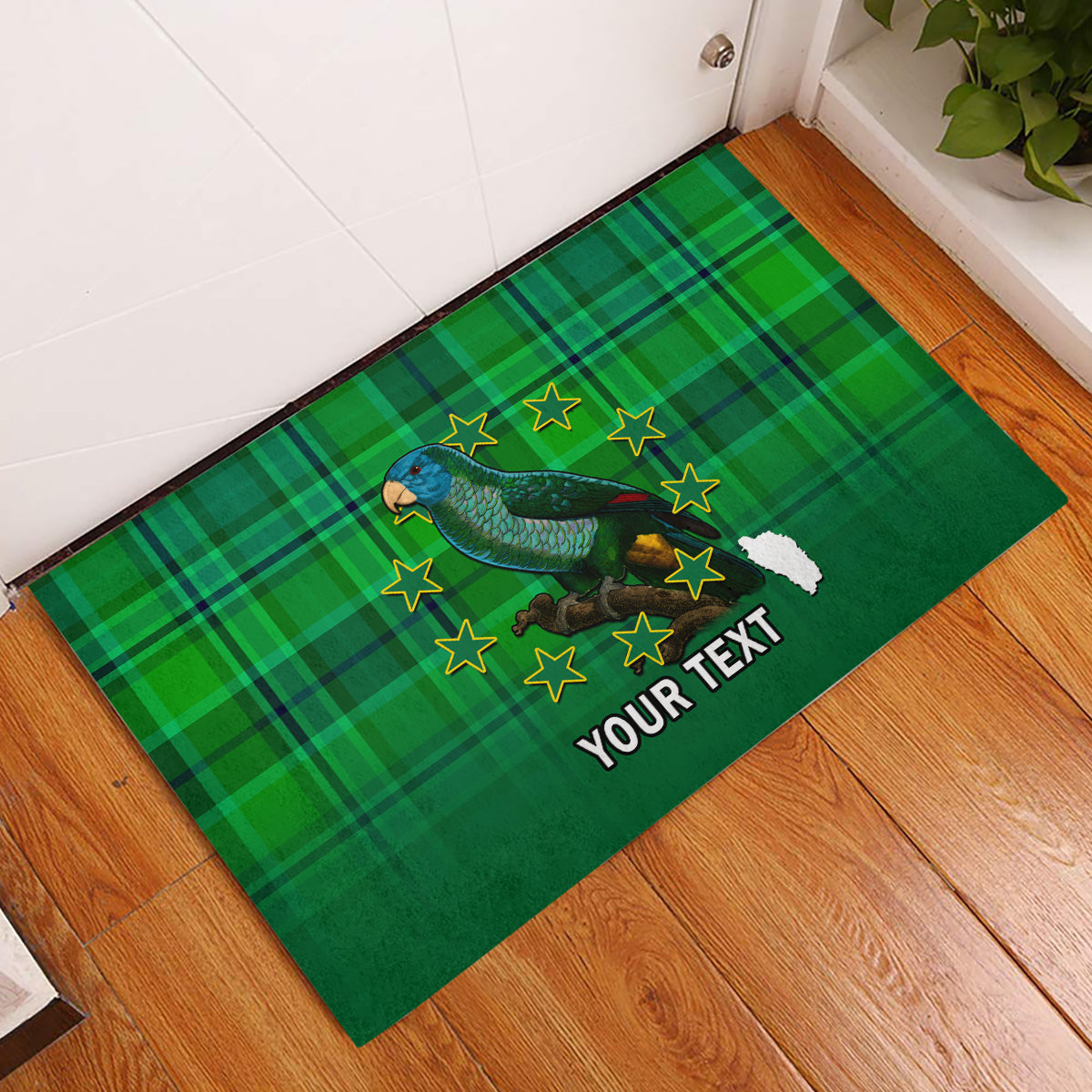 Personalised Dominica Independence Day Rubber Doormat Dominik Sisserou Parrot With Madras Pattern - Wonder Print Shop