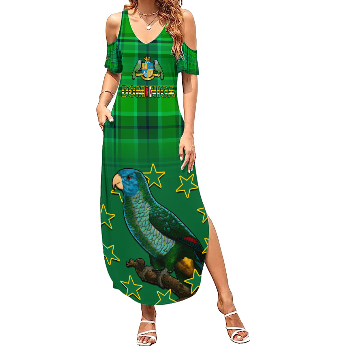 Personalised Dominica Independence Day Summer Maxi Dress Dominik Sisserou Parrot With Madras Pattern - Wonder Print Shop