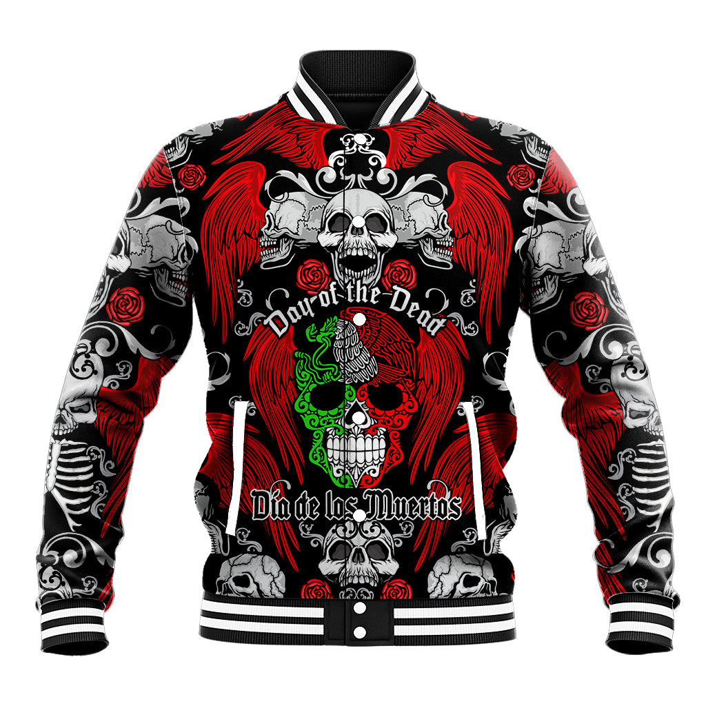 Black Day of the Dead baseball jacket with front skull rose graphic and striped ribbed collar