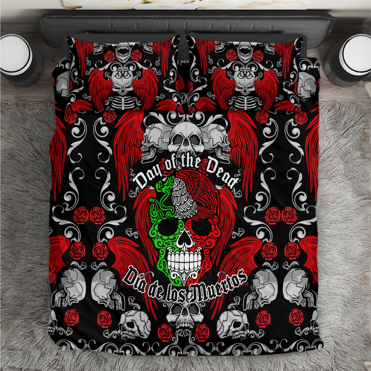 Black and red Day of the Dead bedding set with skulls, roses, green skeleton center
