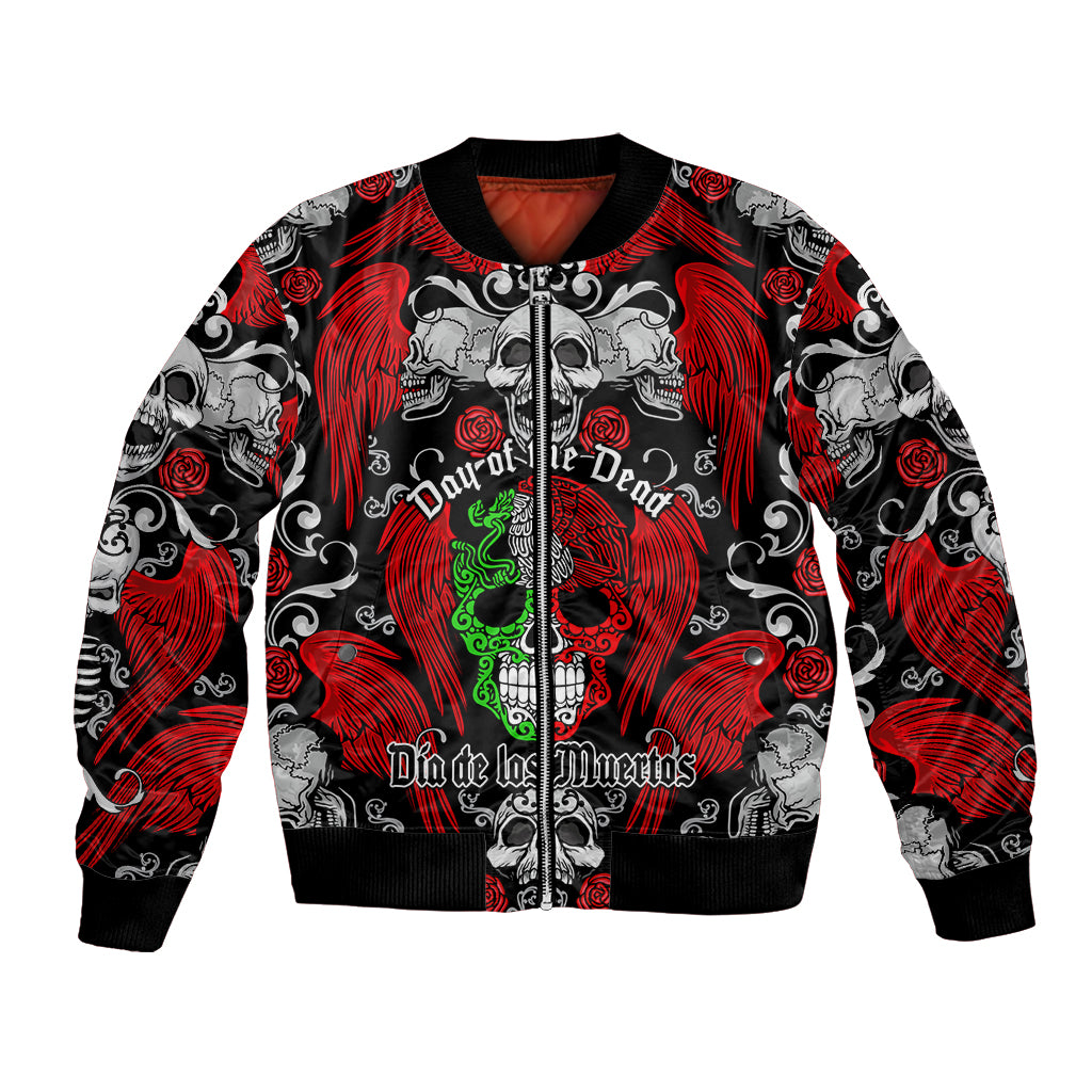 Black bomber jacket with red skull and green skeleton graphic, rose and ornate print