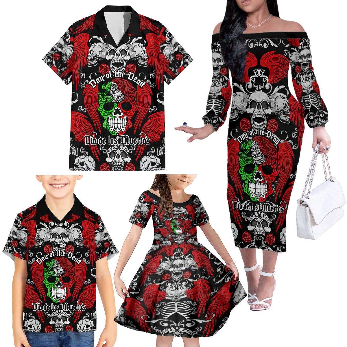 mexico-day-of-the-dead-family-matching-off-shoulder-long-sleeve-dress-and-hawaiian-shirt-mexican-sugar-skull-dia-de-los-muertos