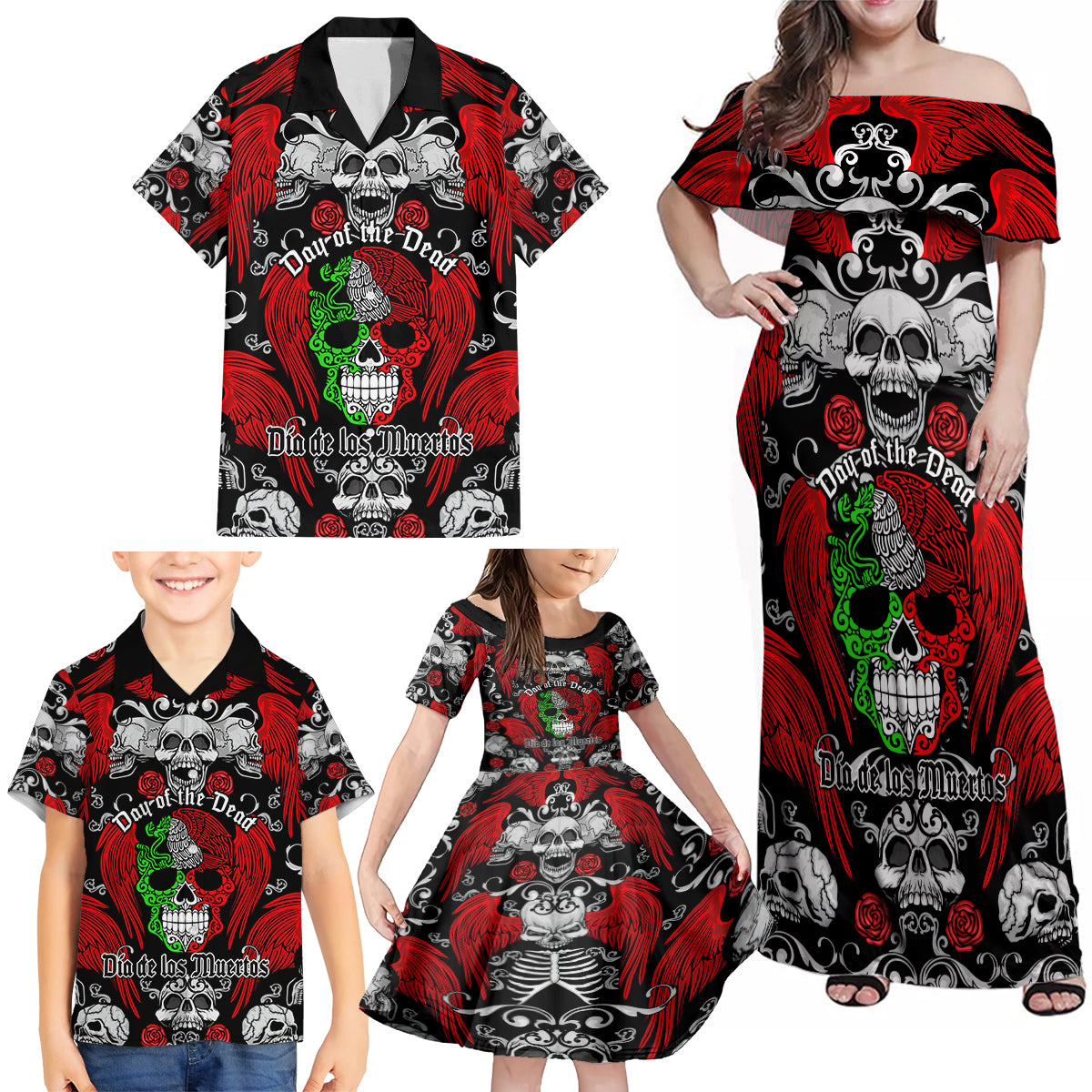 mexico-day-of-the-dead-family-matching-off-shoulder-maxi-dress-and-hawaiian-shirt-mexican-sugar-skull-dia-de-los-muertos