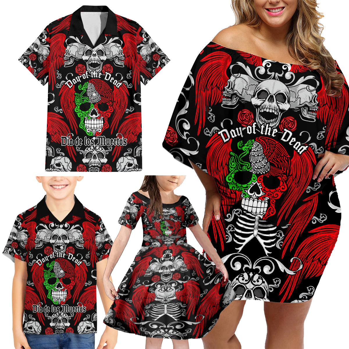 mexico-day-of-the-dead-family-matching-off-shoulder-short-dress-and-hawaiian-shirt-mexican-sugar-skull-dia-de-los-muertos