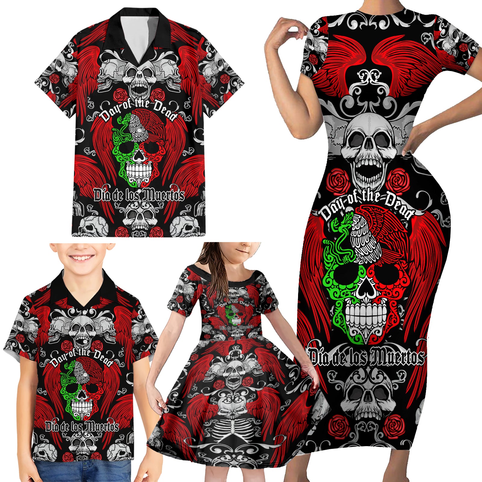 mexico-day-of-the-dead-family-matching-short-sleeve-bodycon-dress-and-hawaiian-shirt-mexican-sugar-skull-dia-de-los-muertos