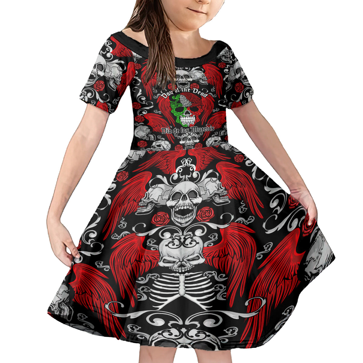 mexico-day-of-the-dead-kid-short-sleeve-dress-mexican-sugar-skull-dia-de-los-muertos