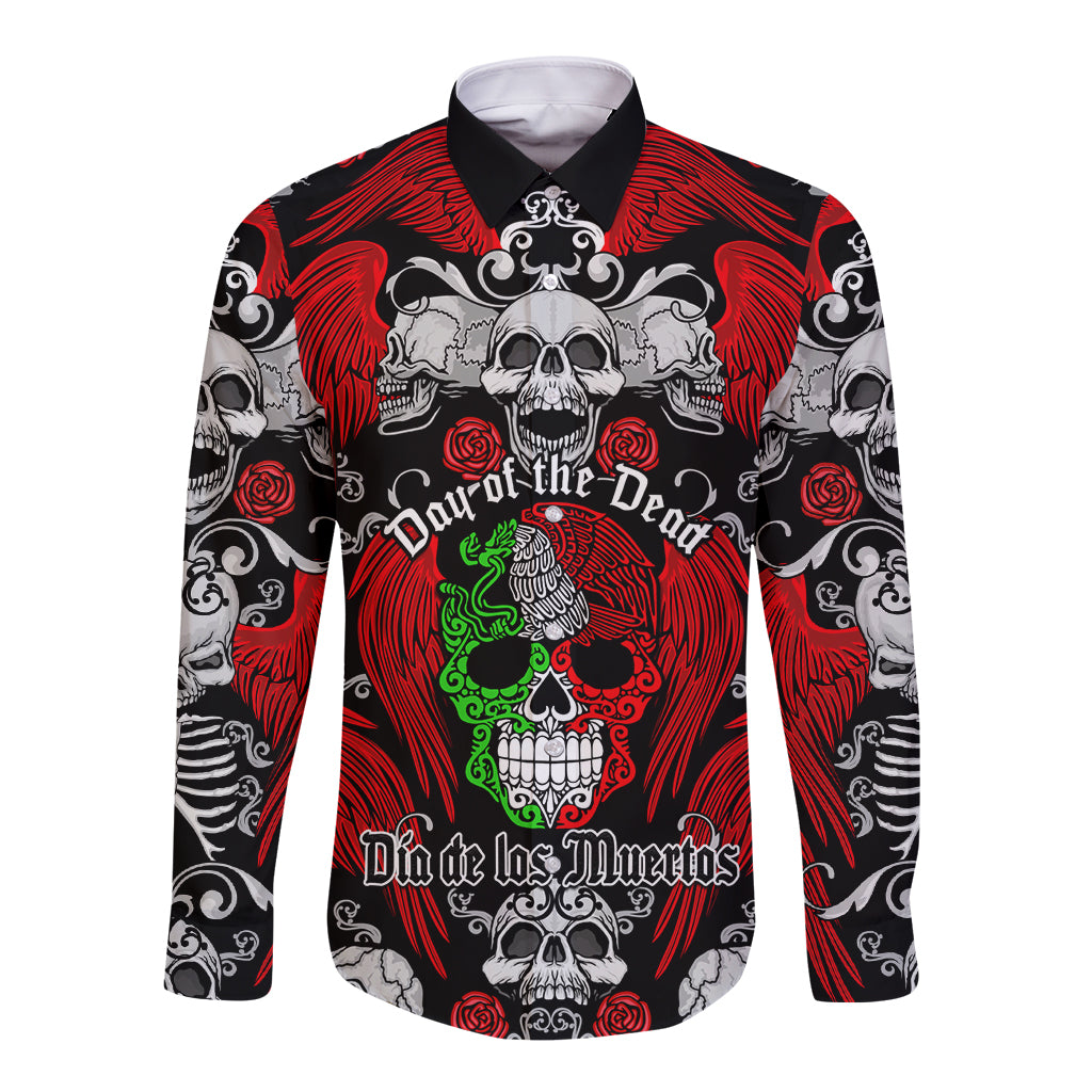 Black long-sleeve button shirt with red skull, roses, and green face graphic