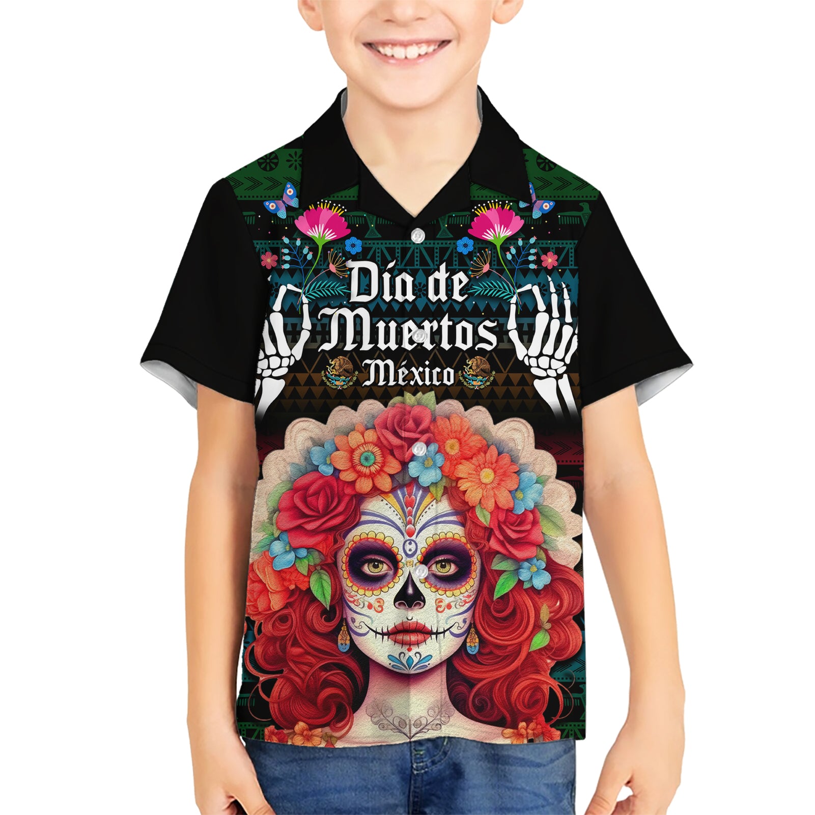 personalised-mexico-day-of-the-dead-kid-hawaiian-shirt-mexican-la-catrina-dia-de-los-muertos