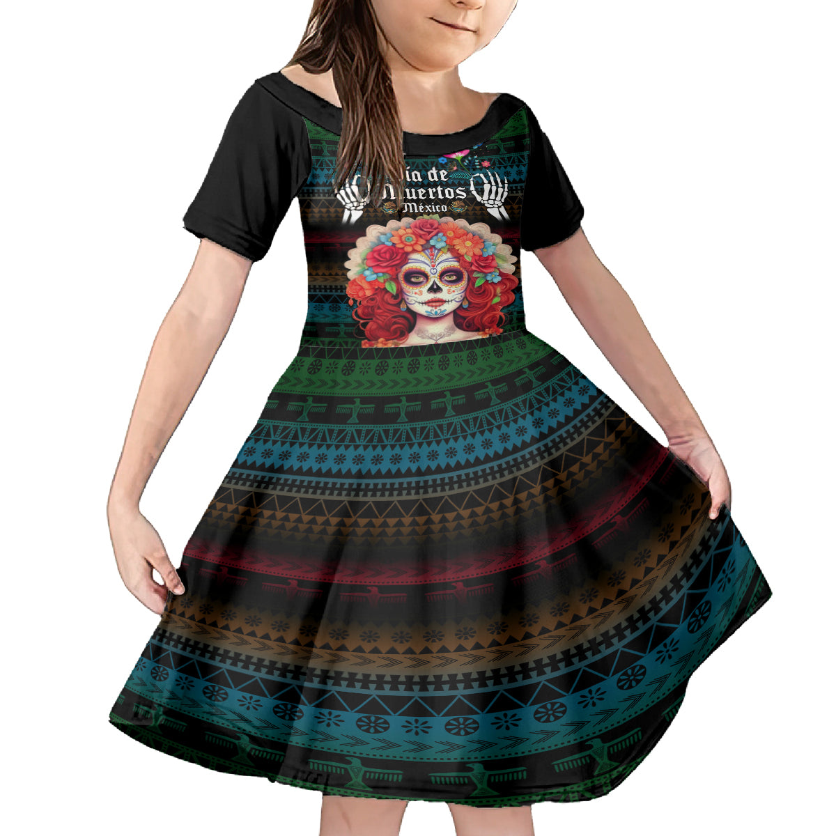 personalised-mexico-day-of-the-dead-kid-short-sleeve-dress-mexican-la-catrina-dia-de-los-muertos