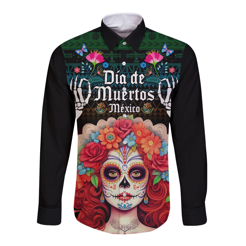 Black long-sleeve button shirt with Dia de Muertos Mexico skull artwork