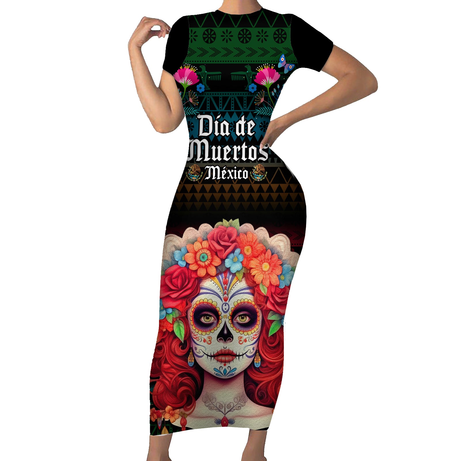 personalised-mexico-day-of-the-dead-short-sleeve-bodycon-dress-mexican-la-catrina-dia-de-los-muertos