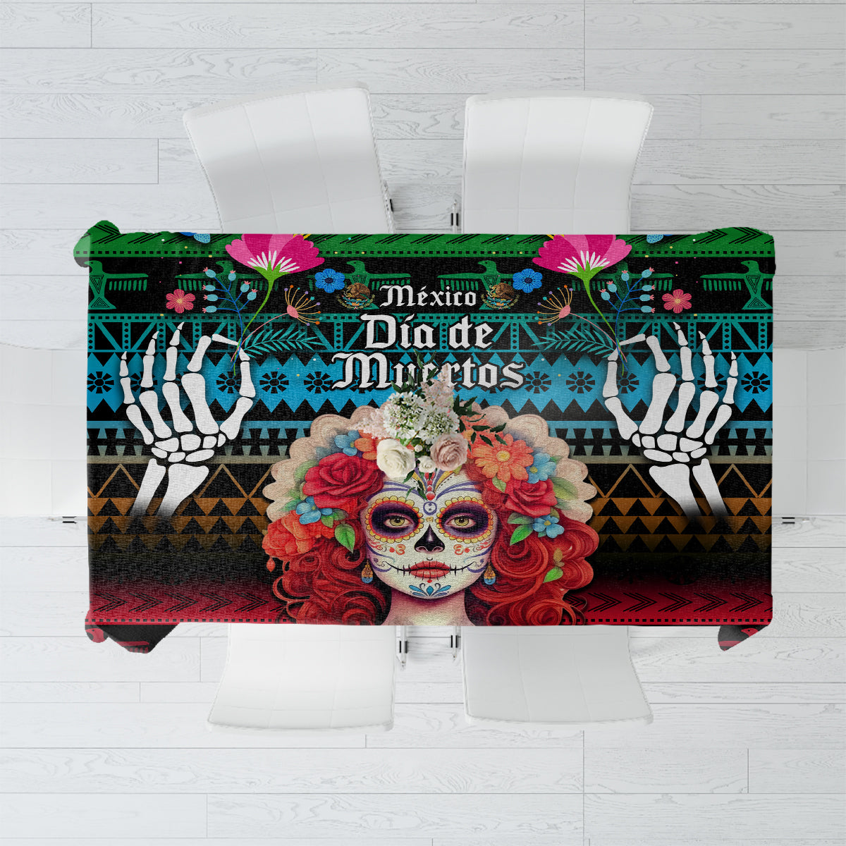 Black Dia de los Muertos tablecloth with colorful skull face and green border pattern