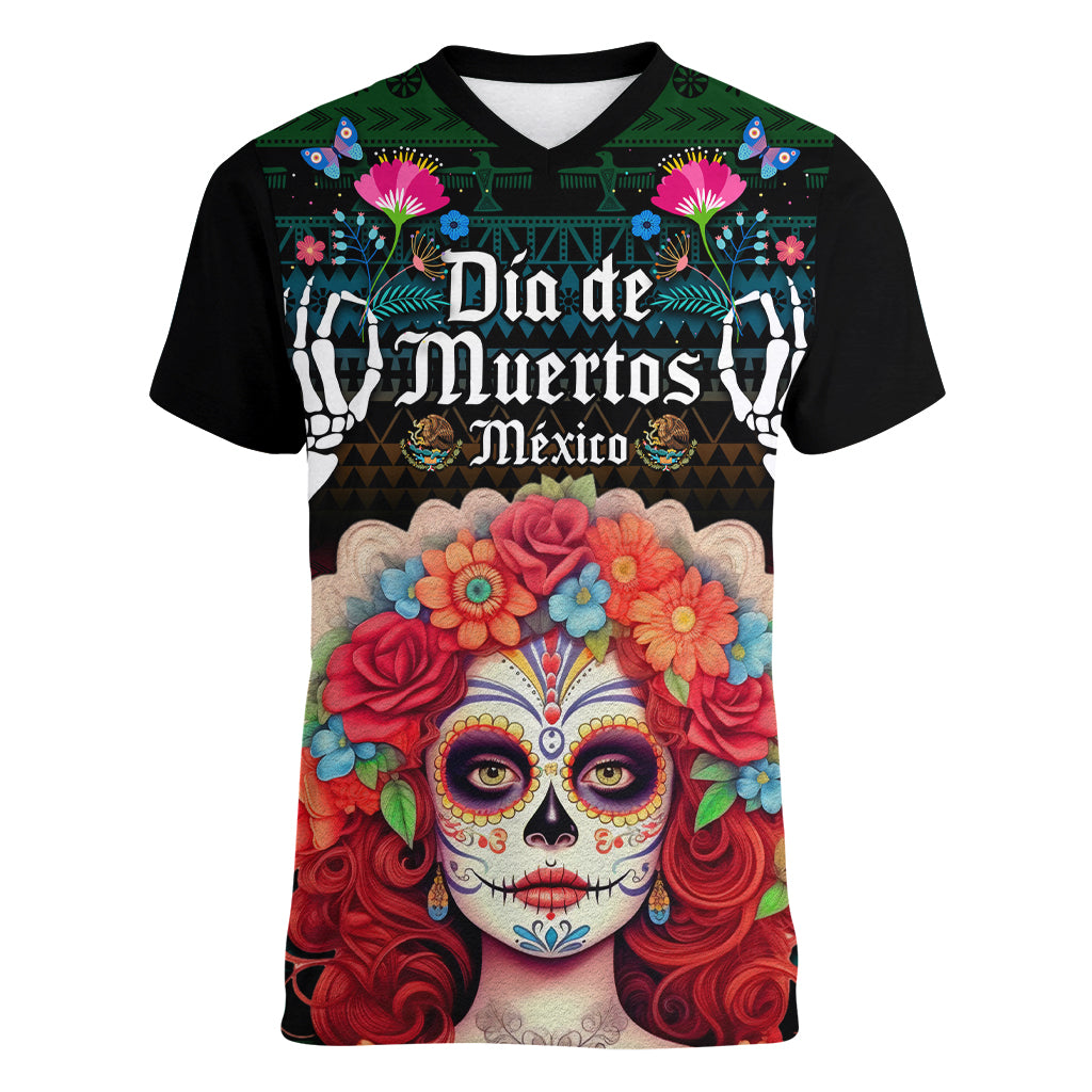 personalised-mexico-day-of-the-dead-women-v-neck-t-shirt-mexican-la-catrina-dia-de-los-muertos