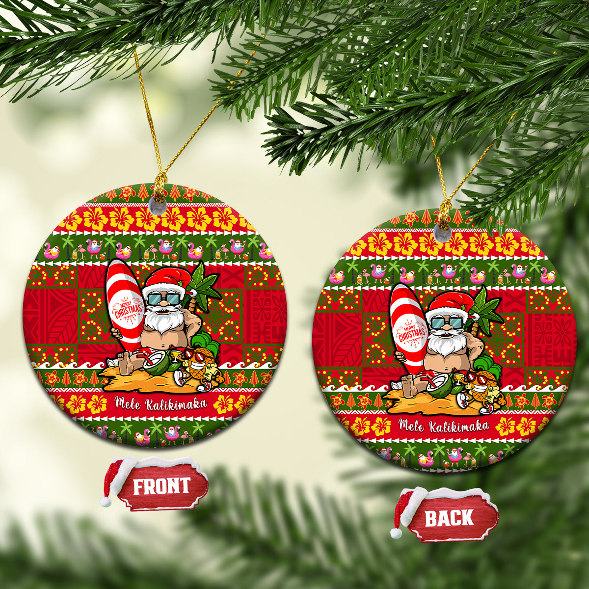 Red round ceramic Christmas ornament with Santa, tropical flowers, and “Mele Kalikimaka” text.