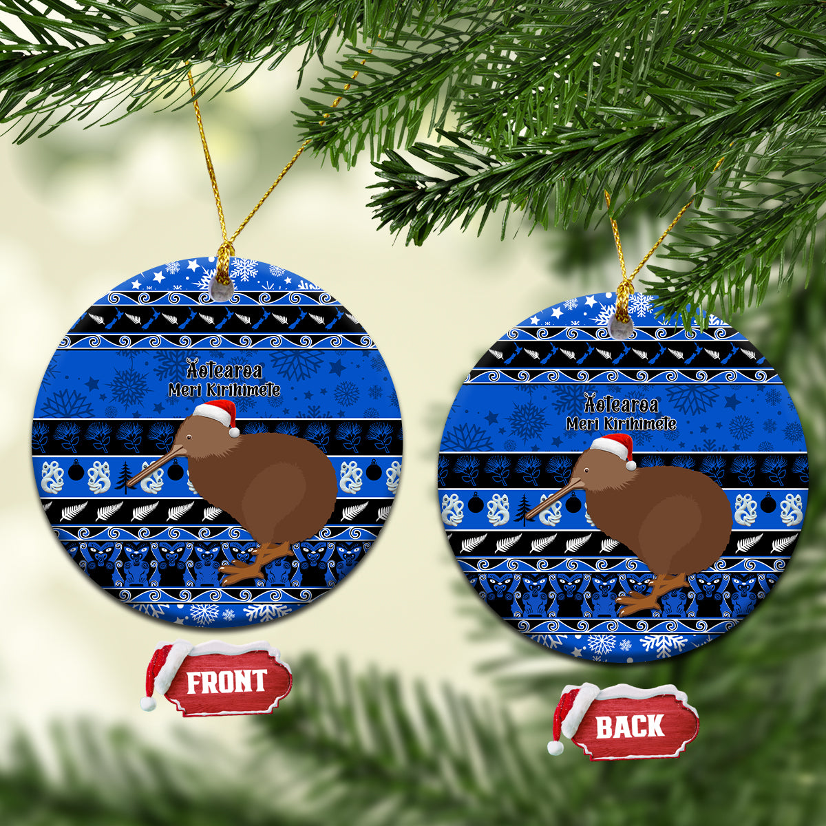 Blue ceramic circular kiwi Christmas ornament with “Aotearoa Meri Kirihimete” text.