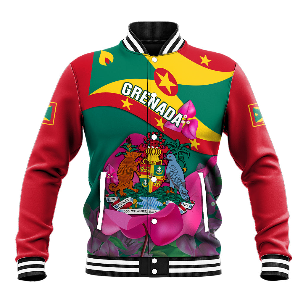 Unisex baseball jacket with green body, red sleeves, and Grenada emblem floral graphic