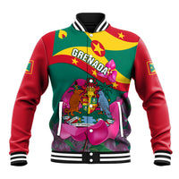 Unisex baseball jacket with green body, red sleeves, and Grenada emblem floral graphic