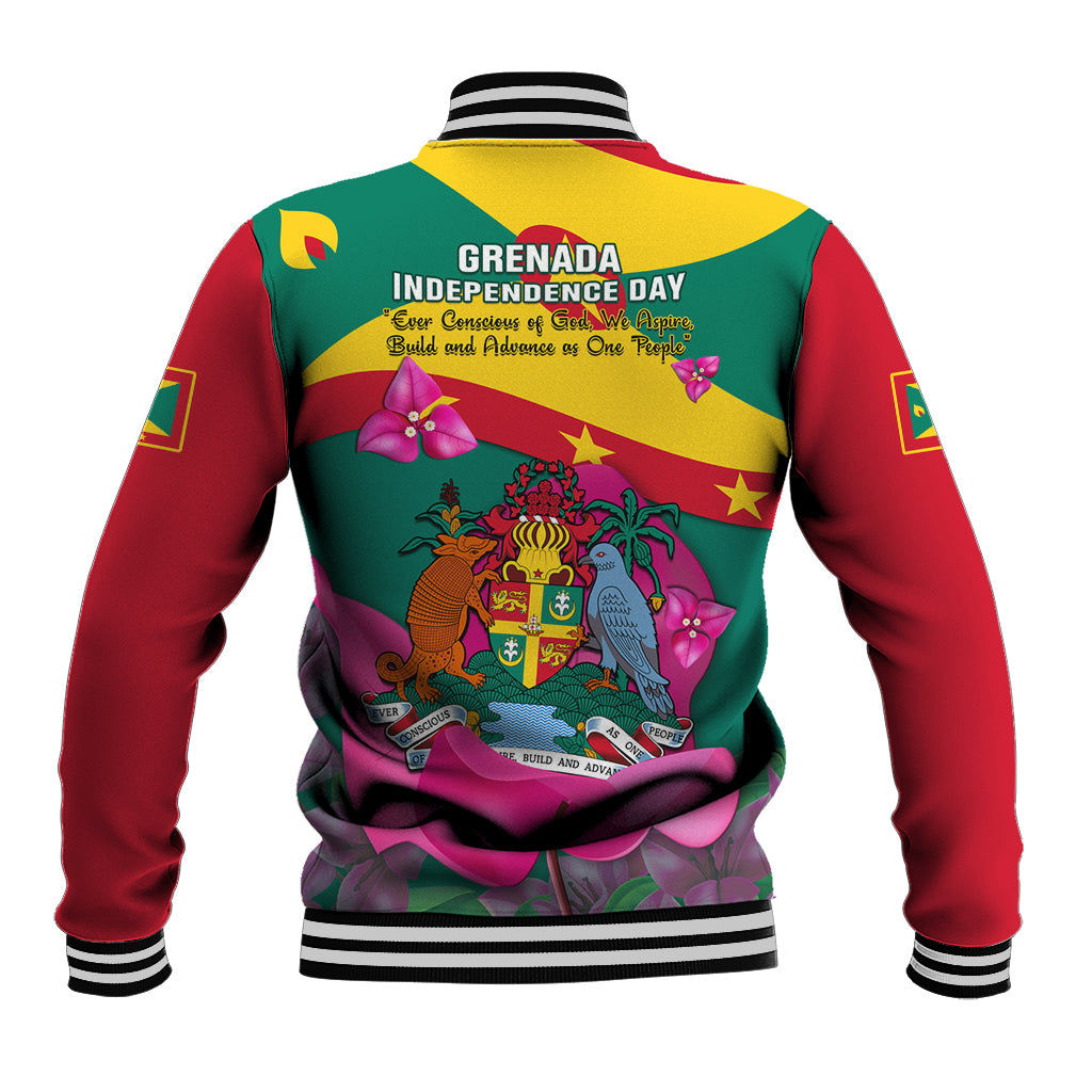 Unisex baseball jacket with green-yellow back, red sleeves, and Grenada Independence Day print