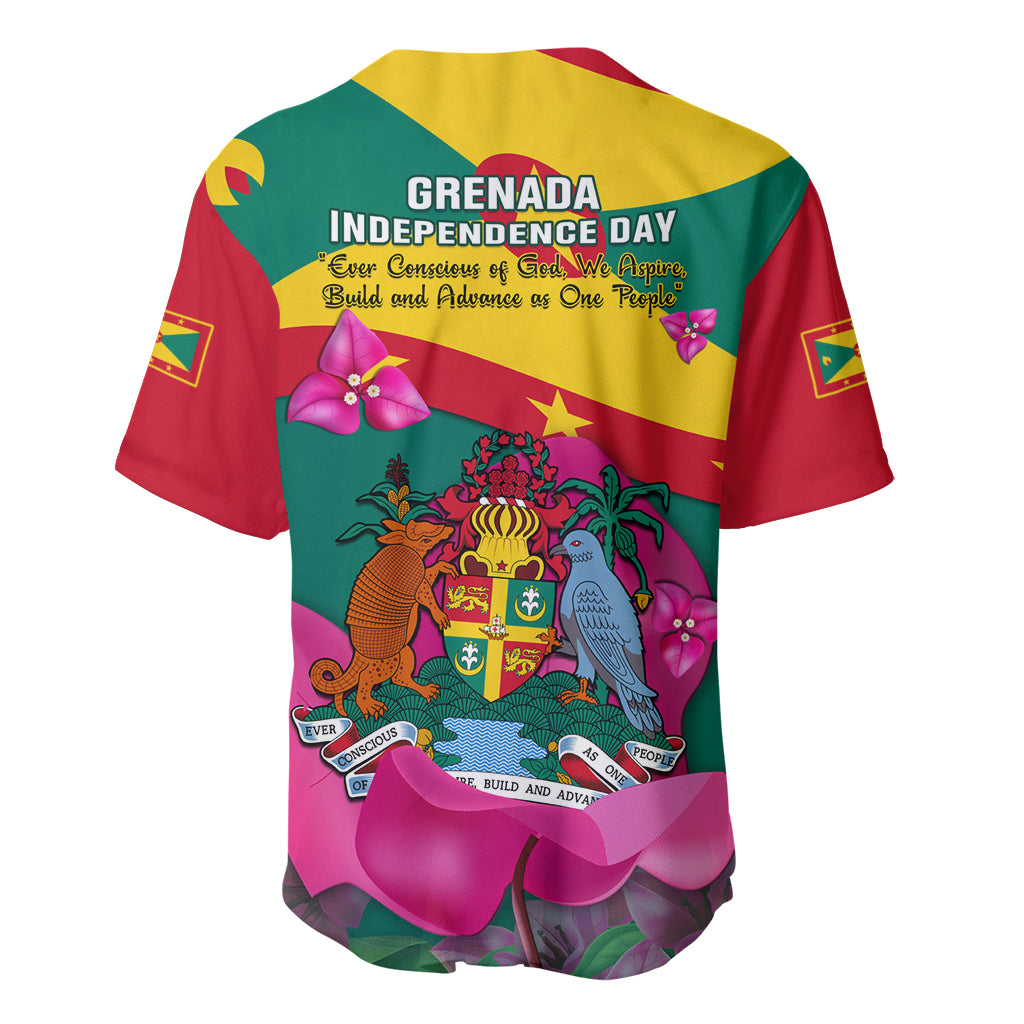 Back view baseball jersey with "Grenada Independence Day" text, crest and flower graphics