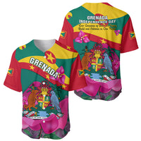 Baseball jersey shown front and back with Grenada Independence Day text and floral crest