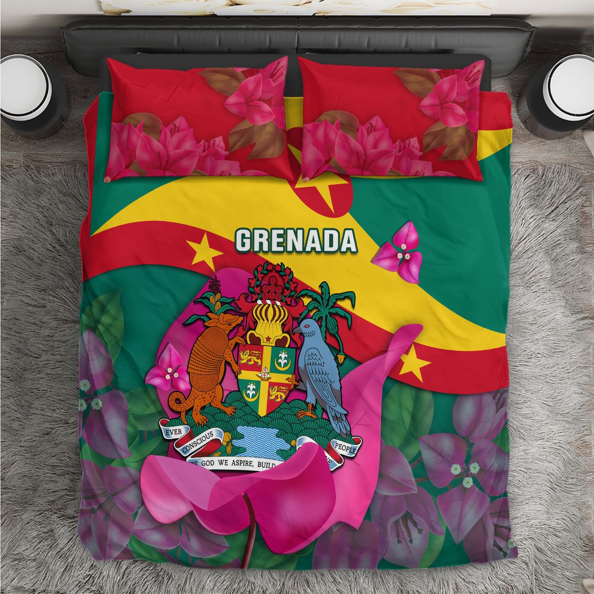 Grenada-themed bedding set with green, red, yellow flag design and pink floral accents