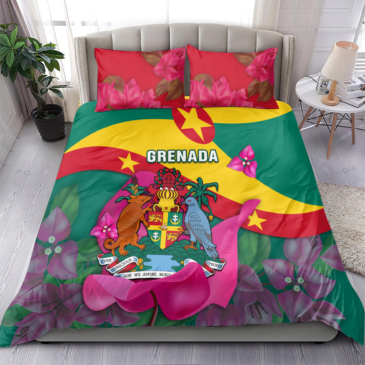 Grenada bedding set with flag center design, pink flower print, and two matching pillows