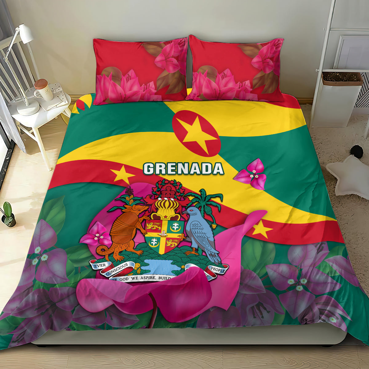 Grenada Independence Day bedding set with flag emblem and pink lotus-style flowers on green