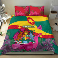 Grenada Independence Day bedding set with flag emblem and pink lotus-style flowers on green