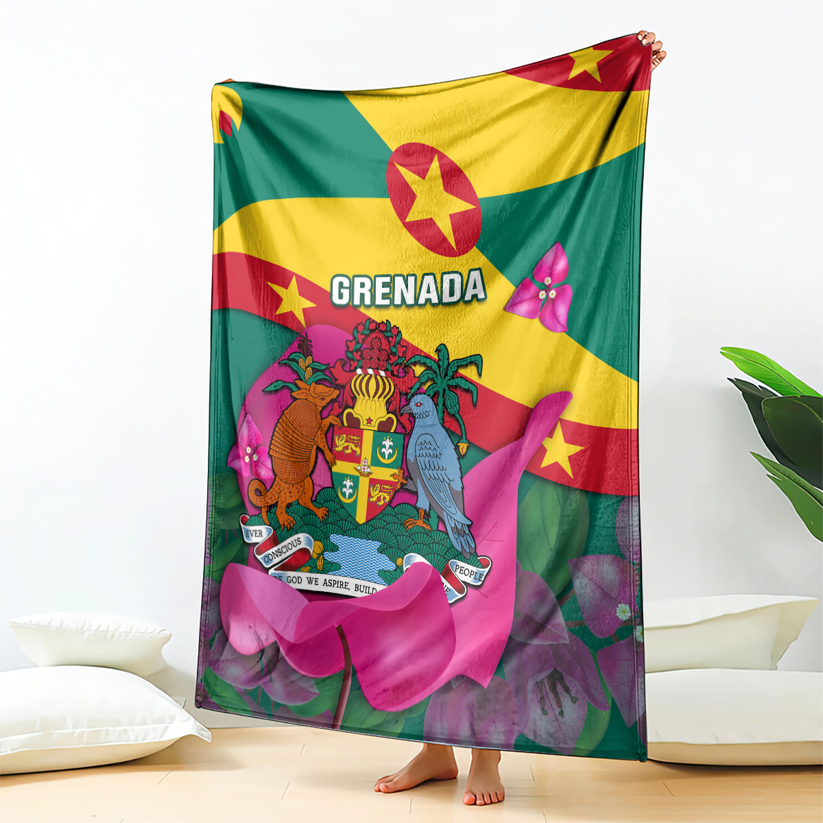 Green and yellow Grenada flag blanket with pink flowers and central crest artwork