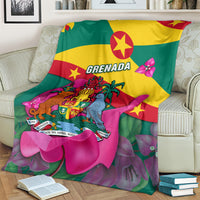 Green Grenada flag blanket with yellow banner, pink flower petals, and bird illustration