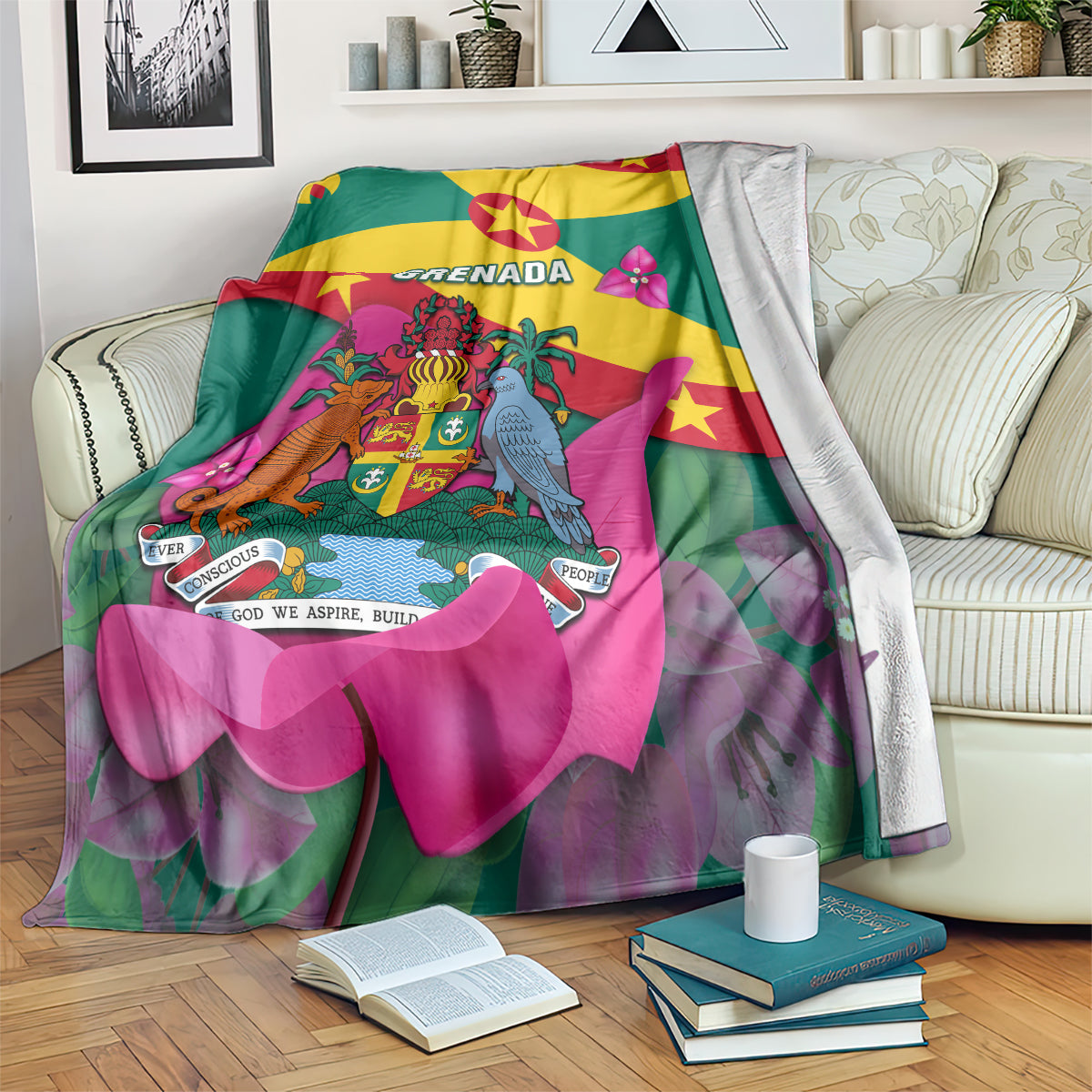 Grenada flag blanket with colorful crest, birds, and pink flower accents on green fabric