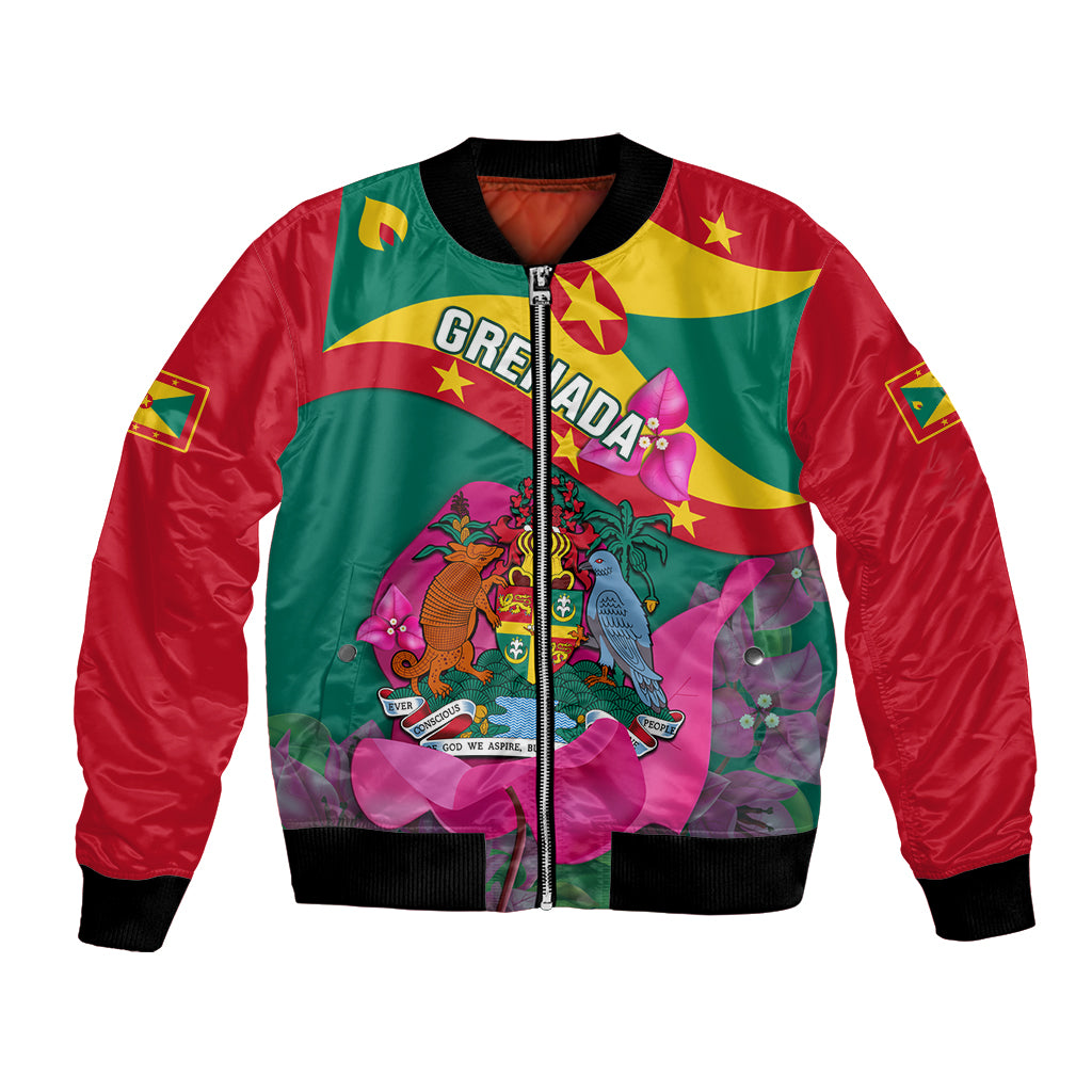 Unisex bomber jacket with green and red panels, front zip, Grenada graphic with flowers