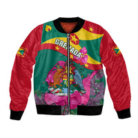 Unisex bomber jacket with green and red panels, front zip, Grenada graphic with flowers