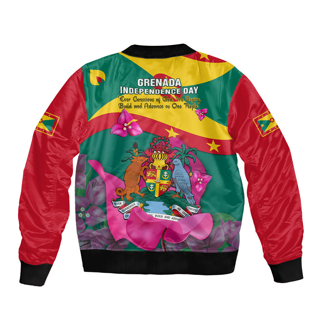 Unisex bomber jacket with back print, green and red design, Grenada Independence Day text