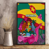 Framed Grenada independence day canvas wall art with crest, bird, and pink flowers