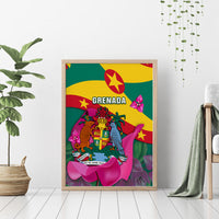 Wood-framed Grenada independence day canvas wall art with crest, bird, and pink flowers