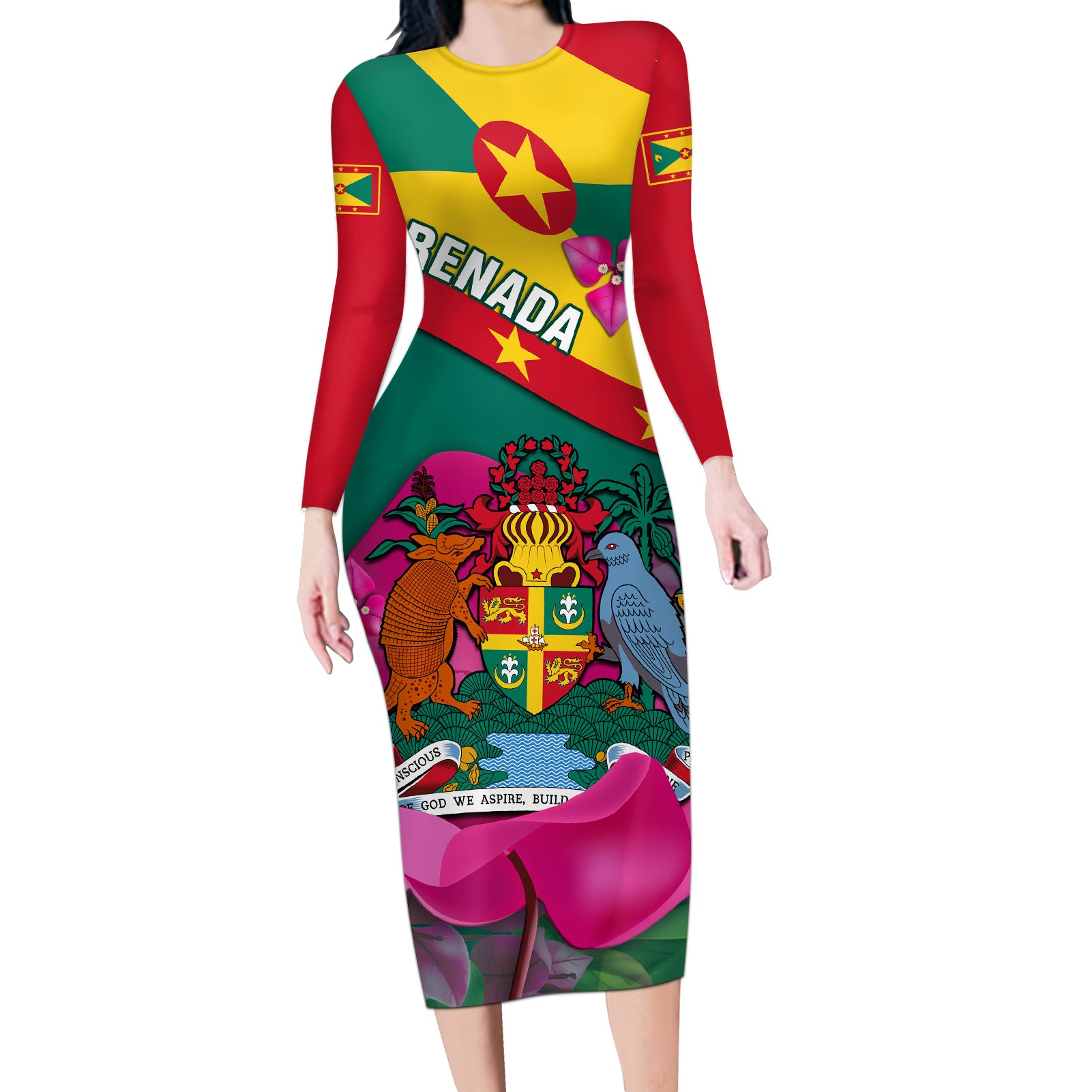 Grenada Independence Day Long Sleeve Bodycon Dress Gwenad Bougainvillea Flowers - Wonder Print Shop