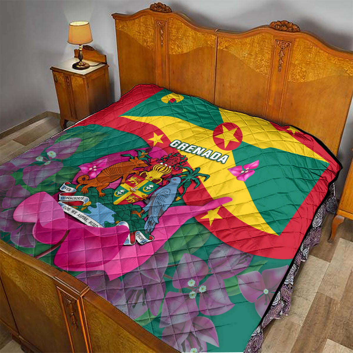 Grenada flag quilt covering a bed, quilted red yellow green waves and coat of arms