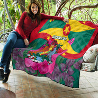 Grenada flag quilt draped on seating, red yellow green flag waves and coat of arms