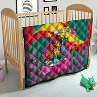 Grenada flag quilt on crib, red yellow green waves with “Grenada” text and coat of arms