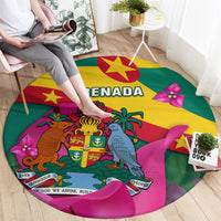 Round rug showing 'GRENADA' text and crest, parrot, pink flower accents, multicolor