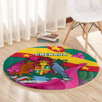 Round rug with 'GRENADA' banner, coat of arms and parrot, purple-pink border; multicolor