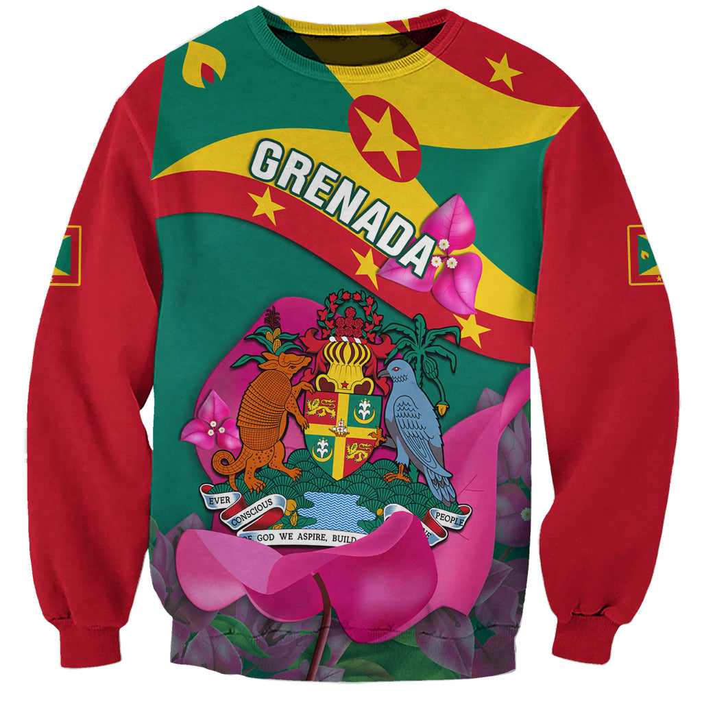 Green sweatshirt with Grenada flag graphic, coat of arms and flowers, long sleeves